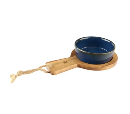 Acacia plank met blauw keramiek kommetje 16 x 10,5 cm