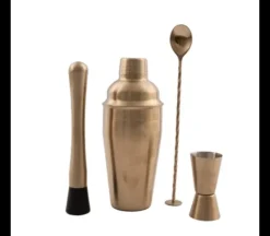 4-delige cocktailset rvs goud: barlepel - maatje - stamper - cobbler shaker